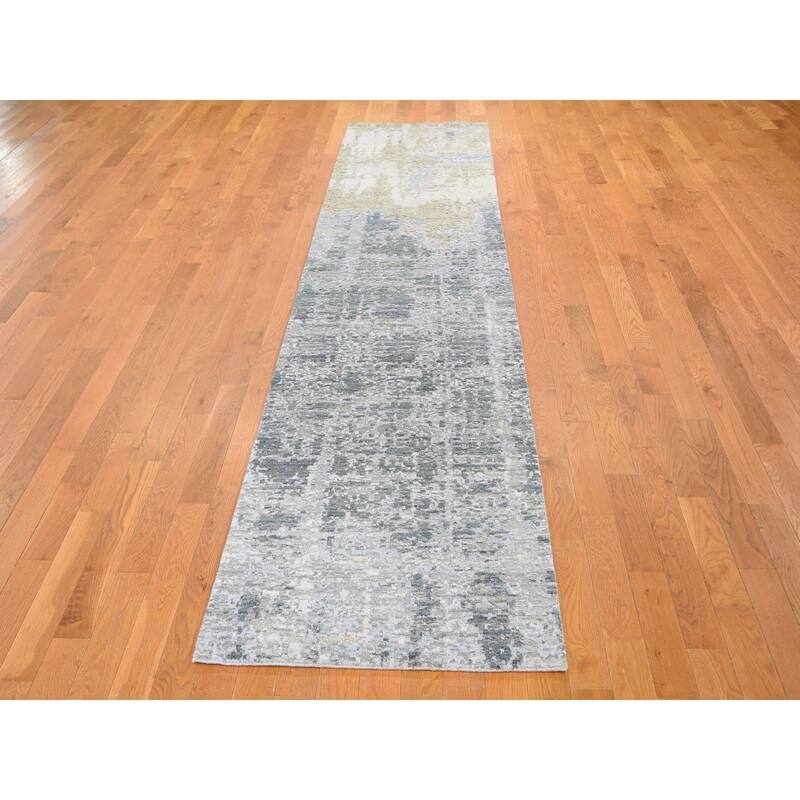 Shahbanu Rugs Abstract Design Wool And Silk Denser Weave Runner Hand Knotted Rug (2'6" x 12'4
